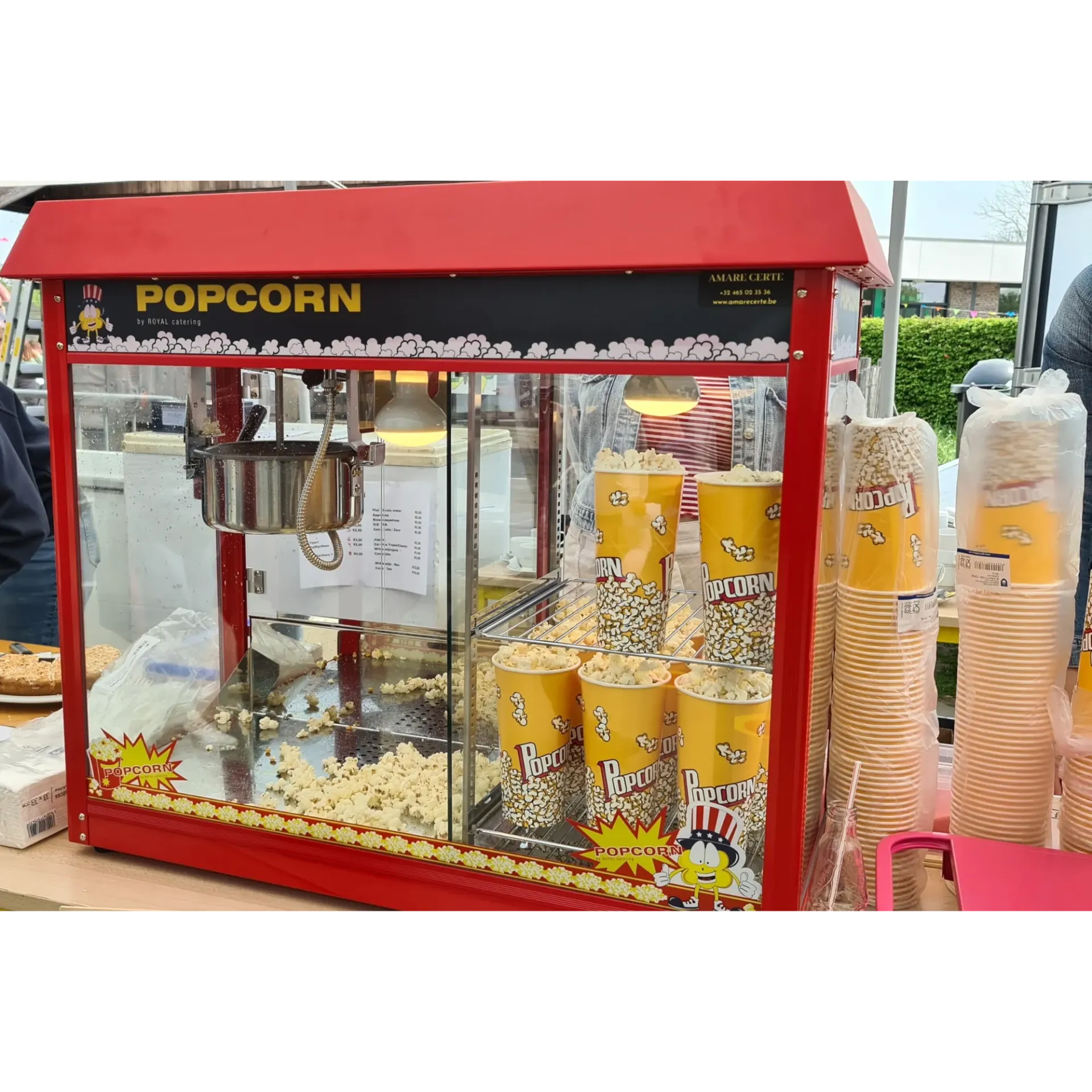 Popcornmachine rood commercieel met portie warmhoudent gedeelte